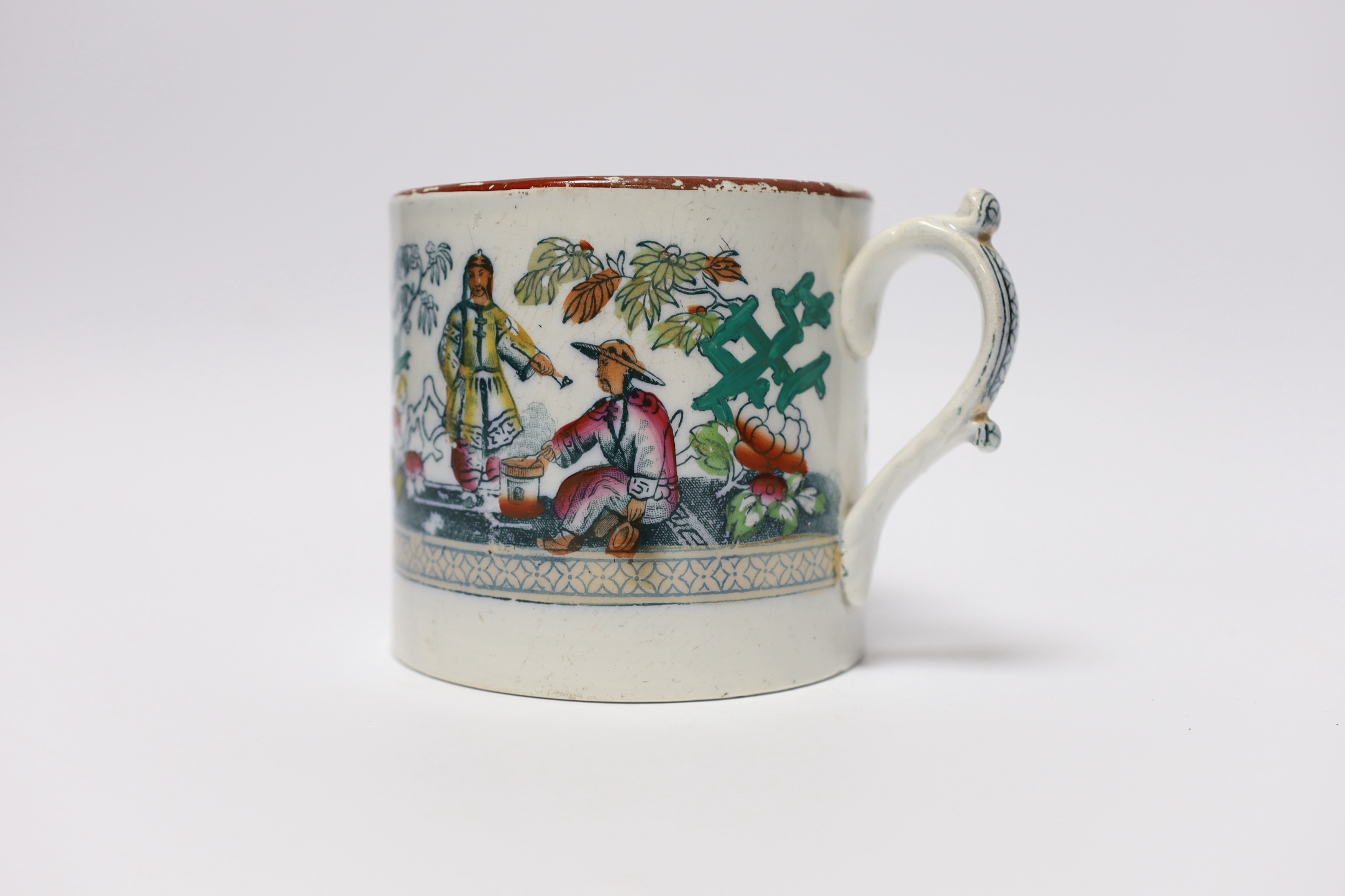 An early 19th century Staffordshire pearlware cylindrical large tankard decorated with Chinese figures and motifs (E and H), 10cm
